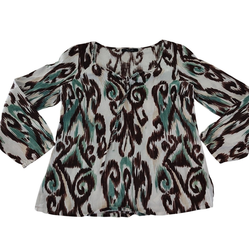 Style & Co Petite Women Brown Teal  Linen Blend Tie Neck Blouse Top L Petite
